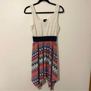 Boho Sleeveless White Lace Top Chevron Aztec Print Asymmetrical Skirt Mini Dress